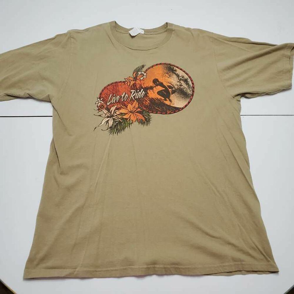 Mens Graphic T-Shirt Beige‎ Floral Live To Ride Crew Neck 100% Cotton Tee L